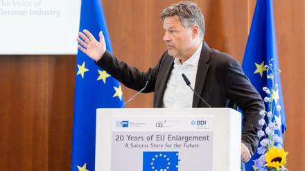 Robert Habeck (Bündnis 90/Die Grünen), Bundesminister für Wirtschaft und Klimaschutz, spricht bei der Konferenz „20 Jahre EU-Erweiterung“ im Haus der Deutschen Wirtschaft. 