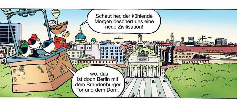 Ein verwirrter Donald und seine Neffen im Anflug auf Berlin.