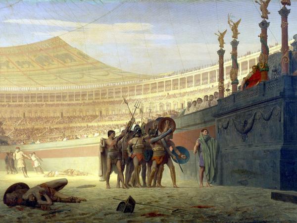 Die Römer mochten es blutig: Gladiatorenkampf im Kolosseum. (Jean-Léon Gérôme, 1859)