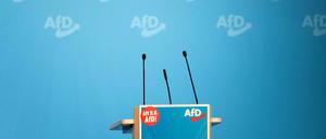 The empty speakers’ desk with the logo of Germany’s far-right Alternative for Germany (AfD)