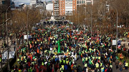 Spanish farmers protest over price pressures, taxes and green regulation and grievances shared by farmers across Europe, at Paseo de la Castellana street in Madrid.