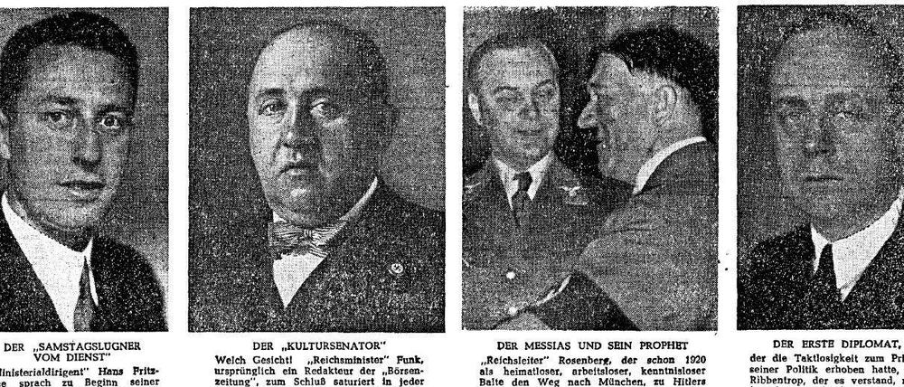 Ein Ausriss aus dem Tagesspiegel vom 29. November 1945, Teil der Illustration zur Nürnberg-Reportage von Peter de Mendelssohn.