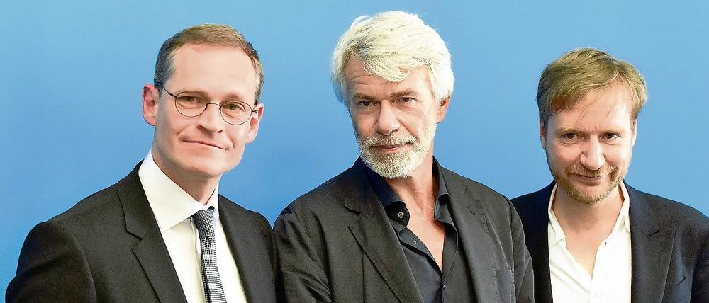 Berlins Bürgermeister Michael Müller, Chris Dercon und Tim Renner