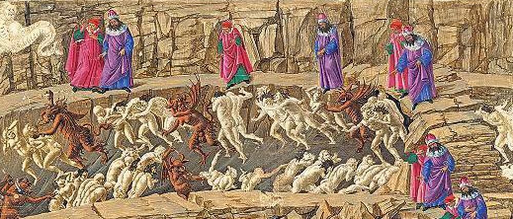Unterweltenwanderer. Vergil und Dante im achten Kreis der Hölle. Koloriertes Botticelli-Blatt zur „Göttlichen Komödie“. 