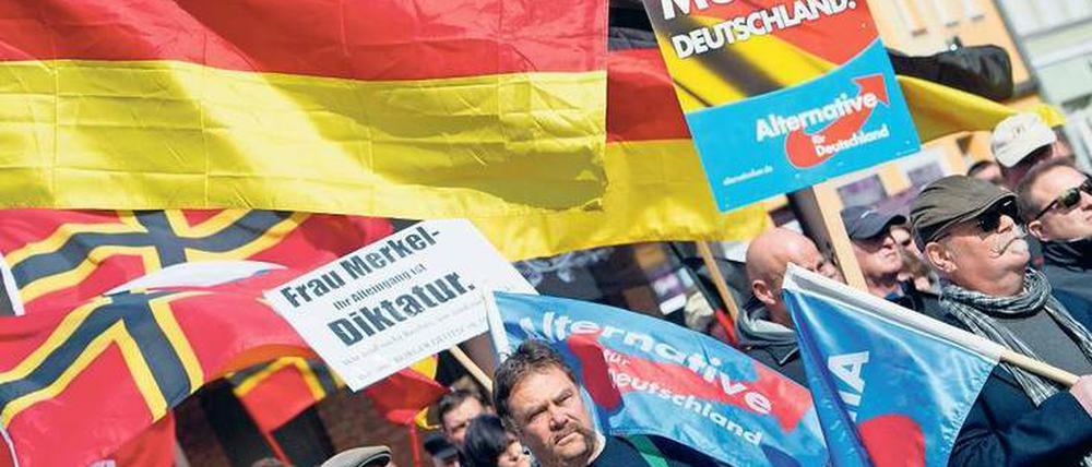 Sie nennen es Patriotismus. AfD-Anhänger demonstrieren in Stralsund. Mit der schwarz-gelb-roten „Stauffenberg-Flagge“, gekreuzt wie in Skandinavien, berufen sie sich auf das Christentum und den Widerstand gegen Hitler.