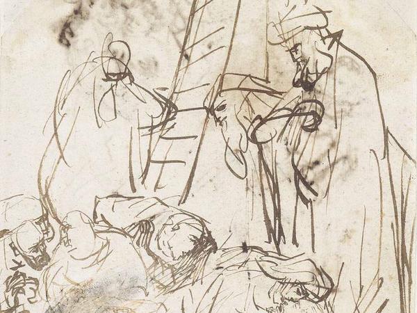Subtile Linien, schematische Schraffur. „Die Beweinung Christi“ (1635–37, oben) gilt als ein Werk Rembrandts.