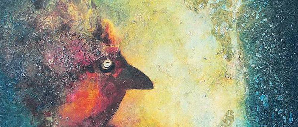Aus den Tiefen der Abstraktion. Die Bilder von Julia Schramm entstehen zunächst spontan. Die Künstlerin schüttet Farbe auf die Leinwand, erst danach trägt sie Motive mit Pinsel, Lappen, Finger auf – mit Vorliebe Vögel wie bei dem Gemälde „Kühlender Wald“.