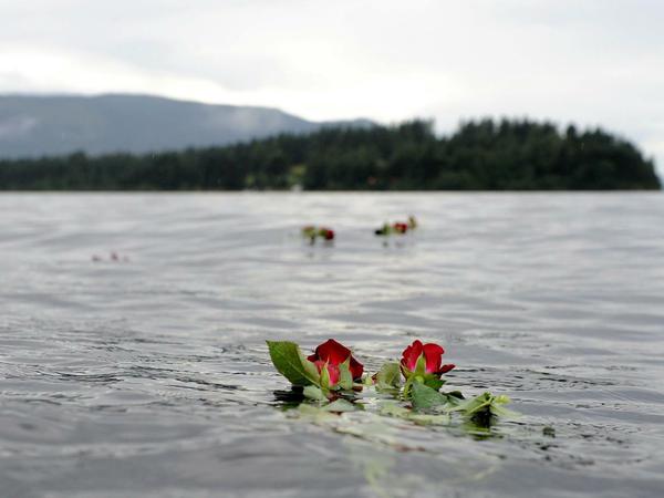 Rosen schwimmen im Wasser vor der Insel Utoya in Norwegen. Dort hatte der Islamhasser Anders Behring Breivik 77 Menschen ermordet. 