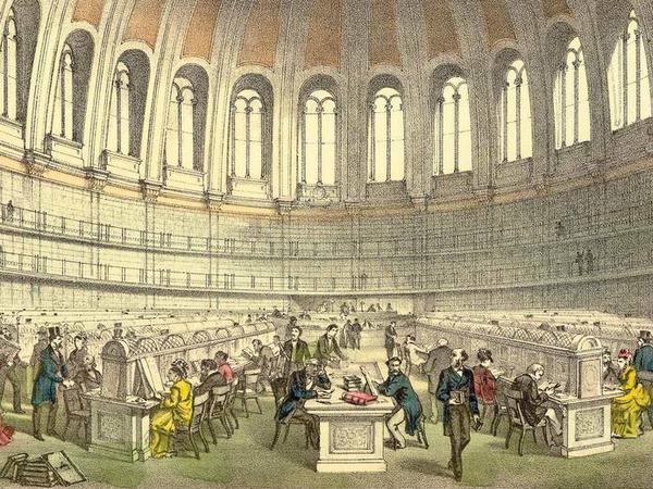 Der berühmte „Runde Lesesaal“ im British Museum zu London, in dem der Exilant Marx jahrzehntelang am „Kapital“ arbeitete (hier in einer Ansicht aus der Zeit um 1880). 
