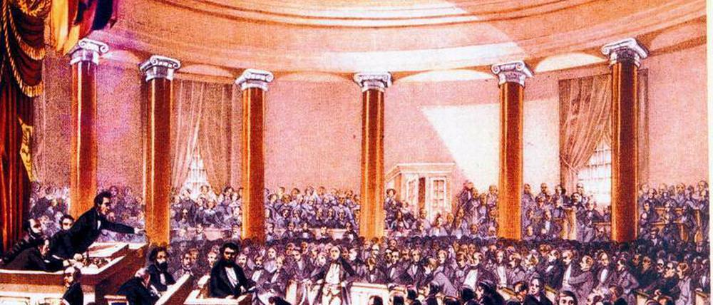  Die Abgeordneten der Nationalversammlung von 1848 tagen in der Frankfurter Paulskirche. 