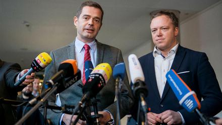 Der Thüringer CDU-Landeschef Mario Voigt (rechts) und sein Vorvorgänger Mike Mohring blicken durchaus unterschiedlich auf die Optionen nach der Wahl in einem Jahr – mit der AfD aber wollen beide nicht koalieren.