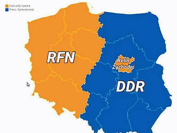 Ein Spaßvogel hat das Ergebnis der Europawahl in Polen auf die Karte des geteilten Deutschland übertragen. Die PiS dominiert im Osten (DDR), die demokratische Opposition im Westen (RFN=Bundesrepublik) sowie in Warschau, das die Stelle West-Berlins einnimmt.