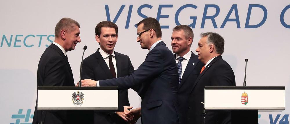Die vier Regierungschefs der Visegrad-Staaten bei ihrem Treffen in Budapest - samt dem österreichischen Kanzler Kurz.