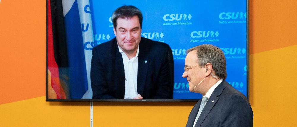Markus Söder (l.) und Armin Laschet beim digitalen Neujahrsempfang der NRW-CDU.